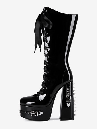 ブラックニーハイブーツ プラットフォームバックルディテール レースアップ チャンキーヒールブーツ