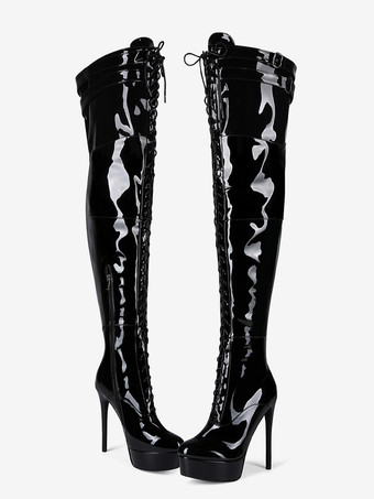 ブラックのセクシーなサイハイブーツ、プラットフォーム、ラウンドトゥ、レースアップ、ハイヒール、オーバーニーブーツ