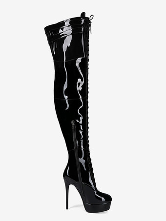 ブラックのセクシーなサイハイブーツ、プラットフォーム、ラウンドトゥ、レースアップ、ハイヒール、オーバーニーブーツ
