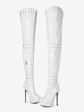 ホワイトハイヒールオーバーニーブーツプラットフォームスタッズスティレットヒールサイハイブーツ
