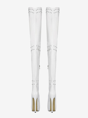 ホワイトハイヒールオーバーニーブーツプラットフォームスタッズスティレットヒールサイハイブーツ