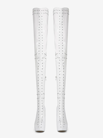 ホワイトハイヒールオーバーニーブーツプラットフォームスタッズスティレットヒールサイハイブーツ