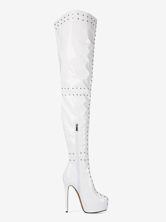ホワイトハイヒールオーバーニーブーツプラットフォームスタッズスティレットヒールサイハイブーツ
