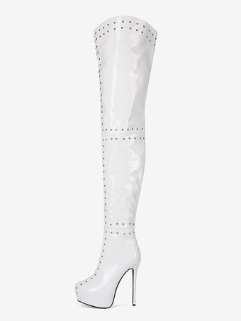 ホワイトハイヒールオーバーニーブーツプラットフォームスタッズスティレットヒールサイハイブーツ