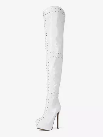 White Knee High Stiletto Boots Shyla Knee High Boots Ivory – Gingham Heels