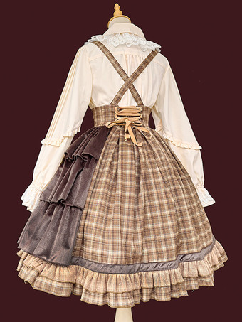 クラシカルなロリータドレス コットン フリル ノースリーブ チェック柄 ライトスカイブルー ロリータドレス