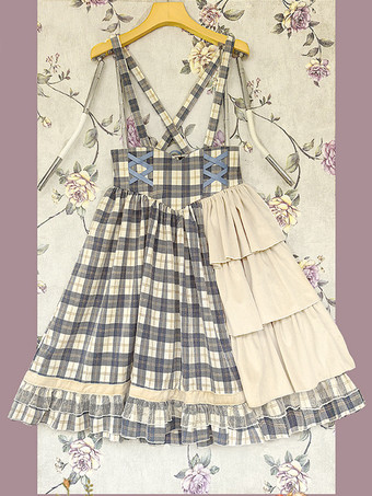 クラシカルなロリータドレス コットン フリル ノースリーブ チェック柄 ライトスカイブルー ロリータドレス