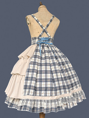 クラシカルなロリータドレス コットン フリル ノースリーブ チェック柄 ライトスカイブルー ロリータドレス