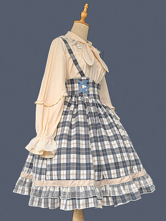 クラシカルなロリータドレス コットン フリル ノースリーブ チェック柄 ライトスカイブルー ロリータドレス