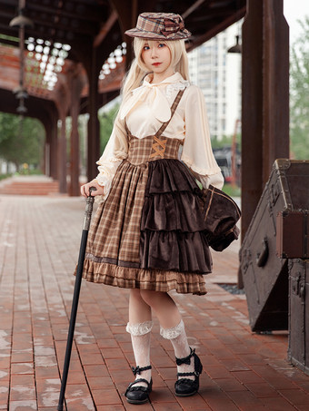 ブラウンクラシカルなロリータドレス コットン フリル ノースリーブ チェック柄 ライトスカイブルー ロリータドレス