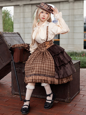 クラシカルなロリータドレス コットン フリル ノースリーブ チェック柄 ライトスカイブルー ロリータドレス