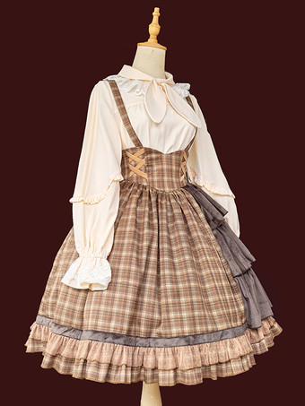 クラシカルなロリータドレス コットン フリル ノースリーブ チェック柄 ライトスカイブルー ロリータドレス