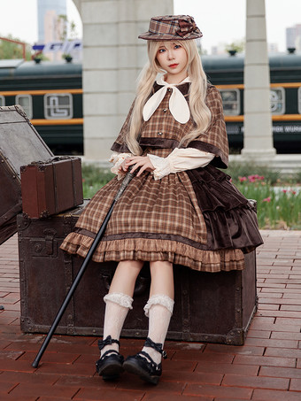 クラシックロリータポンチョインファンタライトスカイブルーコットンボウチェック柄秋ロリータアウターウェア