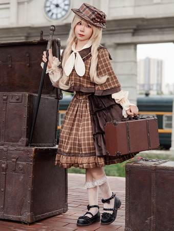 クラシックロリータポンチョインファンタライトスカイブルーコットンボウチェック柄秋ロリータアウターウェア