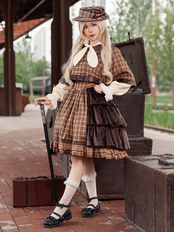 クラシックロリータポンチョインファンタライトスカイブルーコットンボウチェック柄秋ロリータアウターウェア
