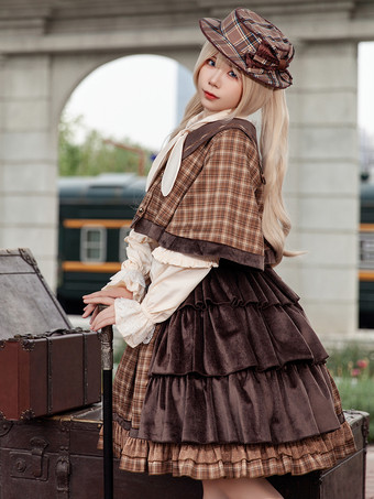 クラシックロリータポンチョインファンタライトスカイブルーコットンボウチェック柄秋ロリータアウターウェア