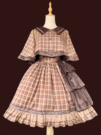 ブラウンクラシックロリータポンチョインファンタライトスカイブルーコットンボウチェック柄秋ロリータアウターウェア