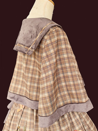 クラシックロリータポンチョインファンタライトスカイブルーコットンボウチェック柄秋ロリータアウターウェア