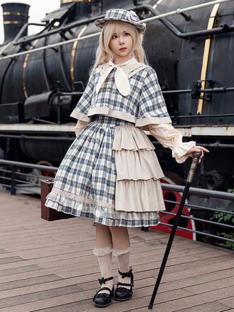 クラシックロリータポンチョインファンタライトスカイブルーコットンボウチェック柄秋ロリータアウターウェア