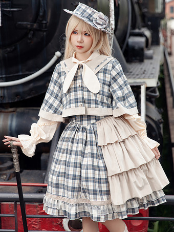 ライトスカイブルークラシックロリータポンチョインファンタライトスカイブルーコットンボウチェック柄秋ロリータアウターウェア