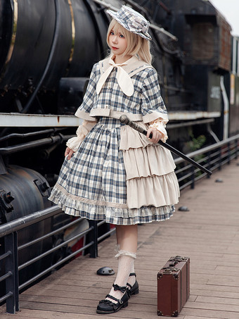 クラシックロリータポンチョインファンタライトスカイブルーコットンボウチェック柄秋ロリータアウターウェア