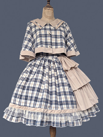 クラシックロリータポンチョインファンタライトスカイブルーコットンボウチェック柄秋ロリータアウターウェア