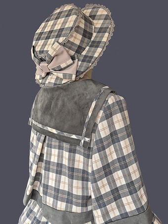 クラシックロリータポンチョインファンタライトスカイブルーコットンボウチェック柄秋ロリータアウターウェア