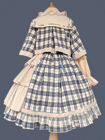 クラシックロリータポンチョインファンタライトスカイブルーコットンボウチェック柄秋ロリータアウターウェア