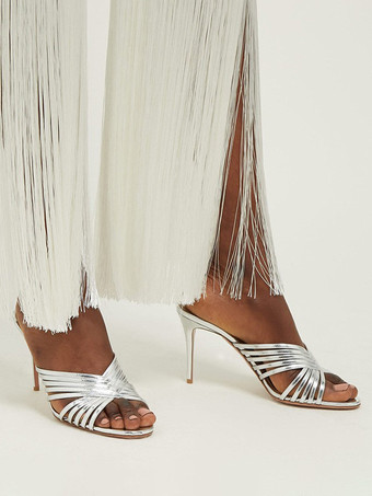 ハイヒールミュール、オープントゥ、ストラップ付きスティレットヒール、パーティーシューズ