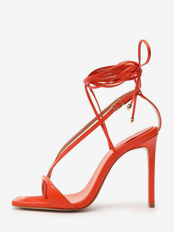 オレンジ ハイヒールサンダル レディース フリップフロップ オープントゥ レースアップ パーティーシューズ