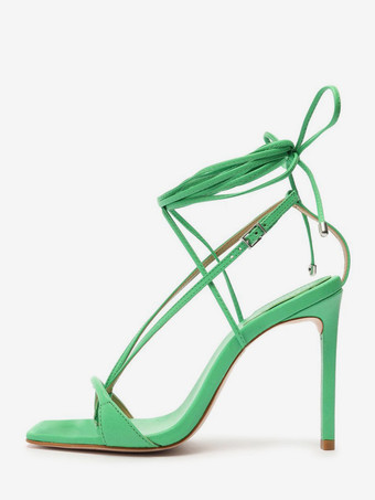 グリーン ハイヒールサンダル レディース フリップフロップ オープントゥ レースアップ パーティーシューズ