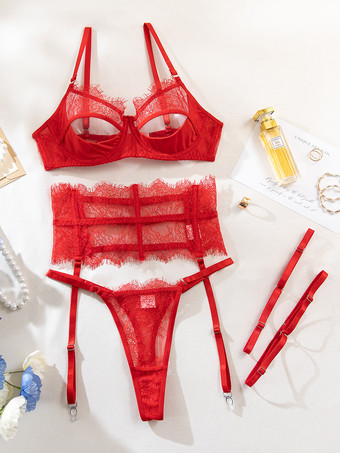 レッド 4ピース バックレスランジェリー カットアウト セクシー ブラック 大人用 ブラ パンティ コルセット セット