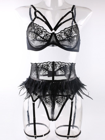 セクシーランジェリー 3ピース バックレス レース ブラック 大人用 ブラ＆ショーツセット