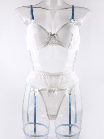 ホワイト バックレスランジェリー リボン セクシー ブラック 3ピース 大人用 ブラ＆ショーツセット