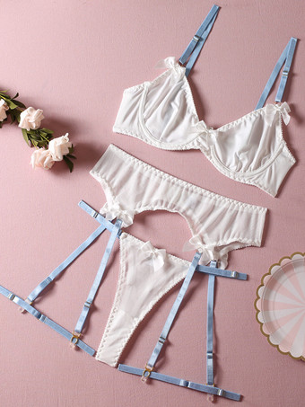 バックレスランジェリー リボン セクシー ブラック 3ピース 大人用 ブラ＆ショーツセット