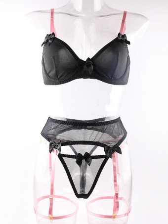 バックレスランジェリー リボン セクシー ブラック 3ピース 大人用 ブラ＆ショーツセット
