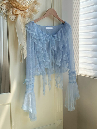 ライトスカイブルースイートロリータカバーアップ パープルフリルレーストップ 水玉模様ポリエステルカバーアップ ロリータアウターウェア