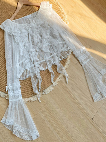 ホワイト スイートロリータカバーアップ パープルフリルレーストップ 水玉模様ポリエステルカバーアップ ロリータアウターウェア