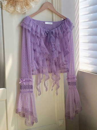 パープル スイートロリータカバーアップ パープルフリルレーストップ 水玉模様ポリエステルカバーアップ ロリータアウターウェア