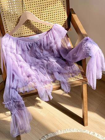 スイートロリータカバーアップ パープルフリルレーストップ 水玉模様ポリエステルカバーアップ ロリータアウターウェア