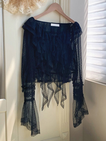 ブラック スイートロリータカバーアップ パープルフリルレーストップ 水玉模様ポリエステルカバーアップ ロリータアウターウェア