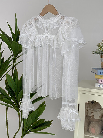 ホワイト スイートロリータブラウス、黒、長袖、リボン、フリル、ロリータトップス、水玉模様のロリータシャツ