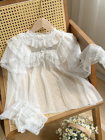 スイートロリータブラウス、黒、長袖、リボン、フリル、ロリータトップス、水玉模様のロリータシャツ