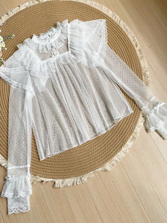 スイートロリータブラウス、黒、長袖、リボン、フリル、ロリータトップス、水玉模様のロリータシャツ