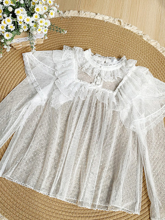 スイートロリータブラウス、黒、長袖、リボン、フリル、ロリータトップス、水玉模様のロリータシャツ