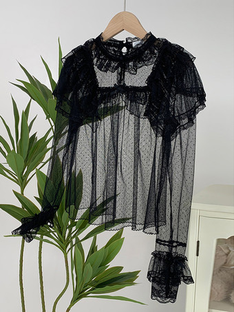 ブラック スイートロリータブラウス、黒、長袖、リボン、フリル、ロリータトップス、水玉模様のロリータシャツ