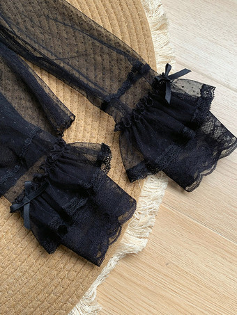 スイートロリータブラウス、黒、長袖、リボン、フリル、ロリータトップス、水玉模様のロリータシャツ