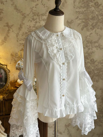 ホワイト スイートロリータブラウス ホワイト 長袖 レースリボン ロリータトップ ロリータシャツ
