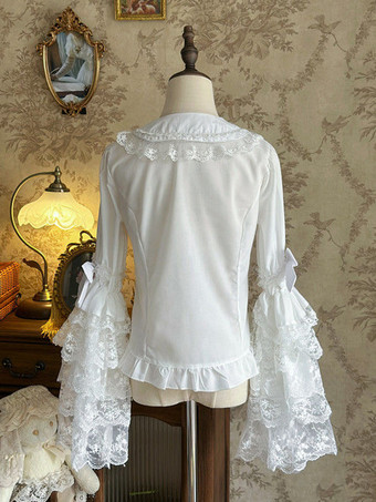 スイートロリータブラウス ホワイト 長袖 レースリボン ロリータトップ ロリータシャツ