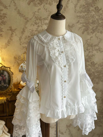 スイートロリータブラウス ホワイト 長袖 レースリボン ロリータトップ ロリータシャツ